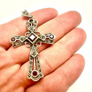 Garnet Cross With Marcasite set in Sterling Sterling Silver 925 Stamped